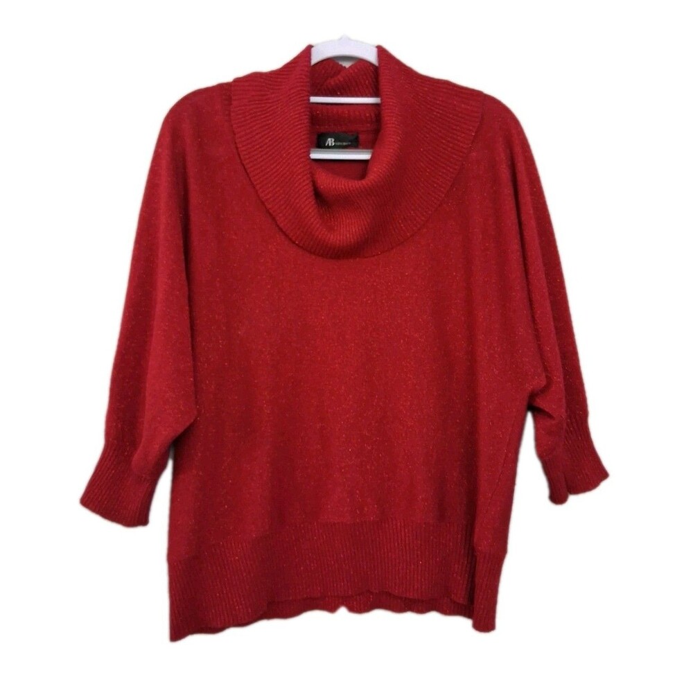 AB Studio Red Sweater Womens XL Cowl Neck Turtleneck Dolman Sleeves Gold Holiday